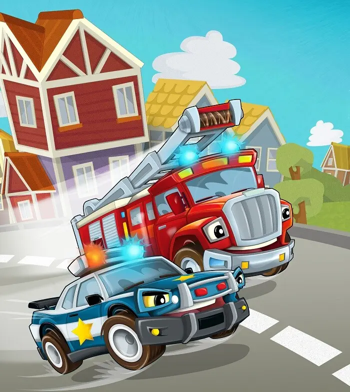 Kratke bajke za djecu - Policijski auto i vatrogasno vozilo